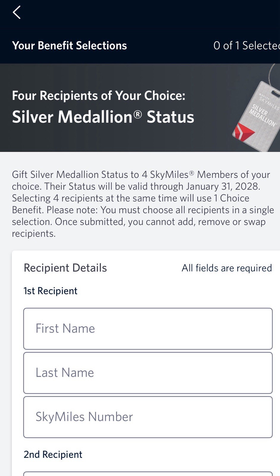 1 Delta Silver Medallion Status thru Jan 31, 2028 Upgrades Free Bags Elite