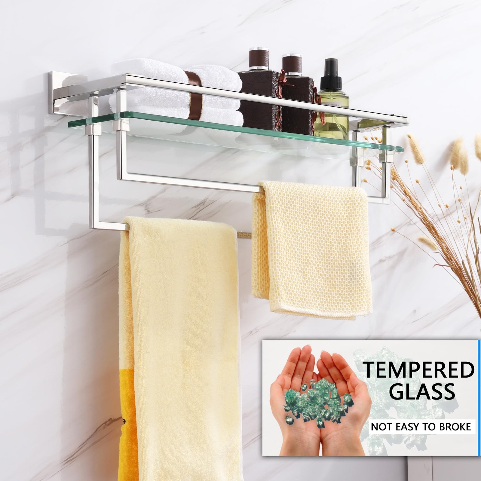 LANC Bathroom Shelf with Towel Bars – 20-Inch Silver Floating Tempered Glass …
