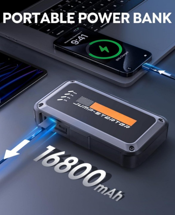 Arrancador Batería Coche 4000A 16800mAh Carga Rápida con Luz LED Portátil, Nuevo