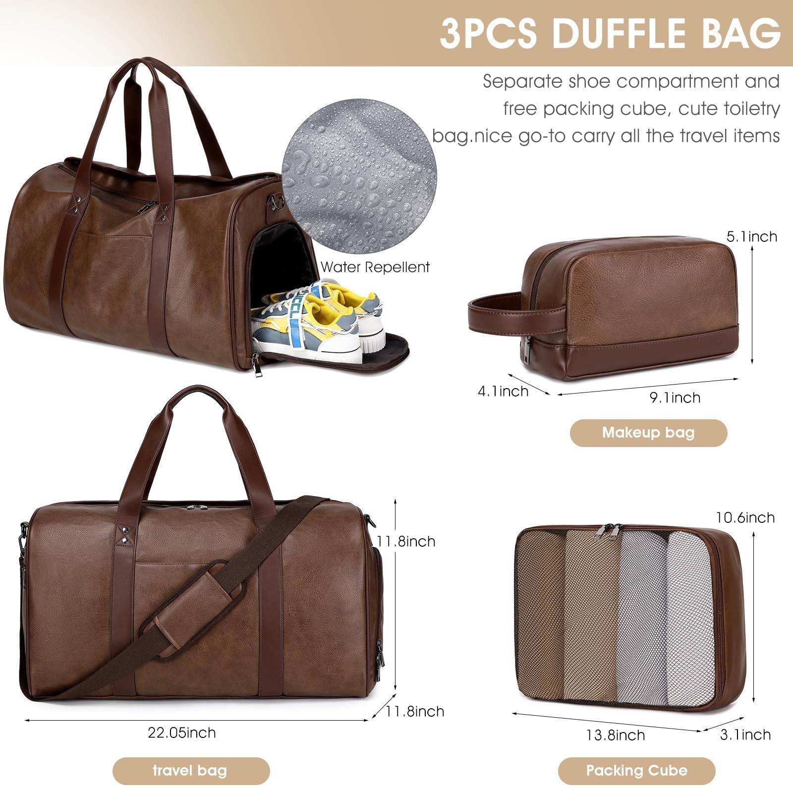 3PCS Faux Leather Weekender Bag for Women Men Travel Bag Overnight Bags | Lea…