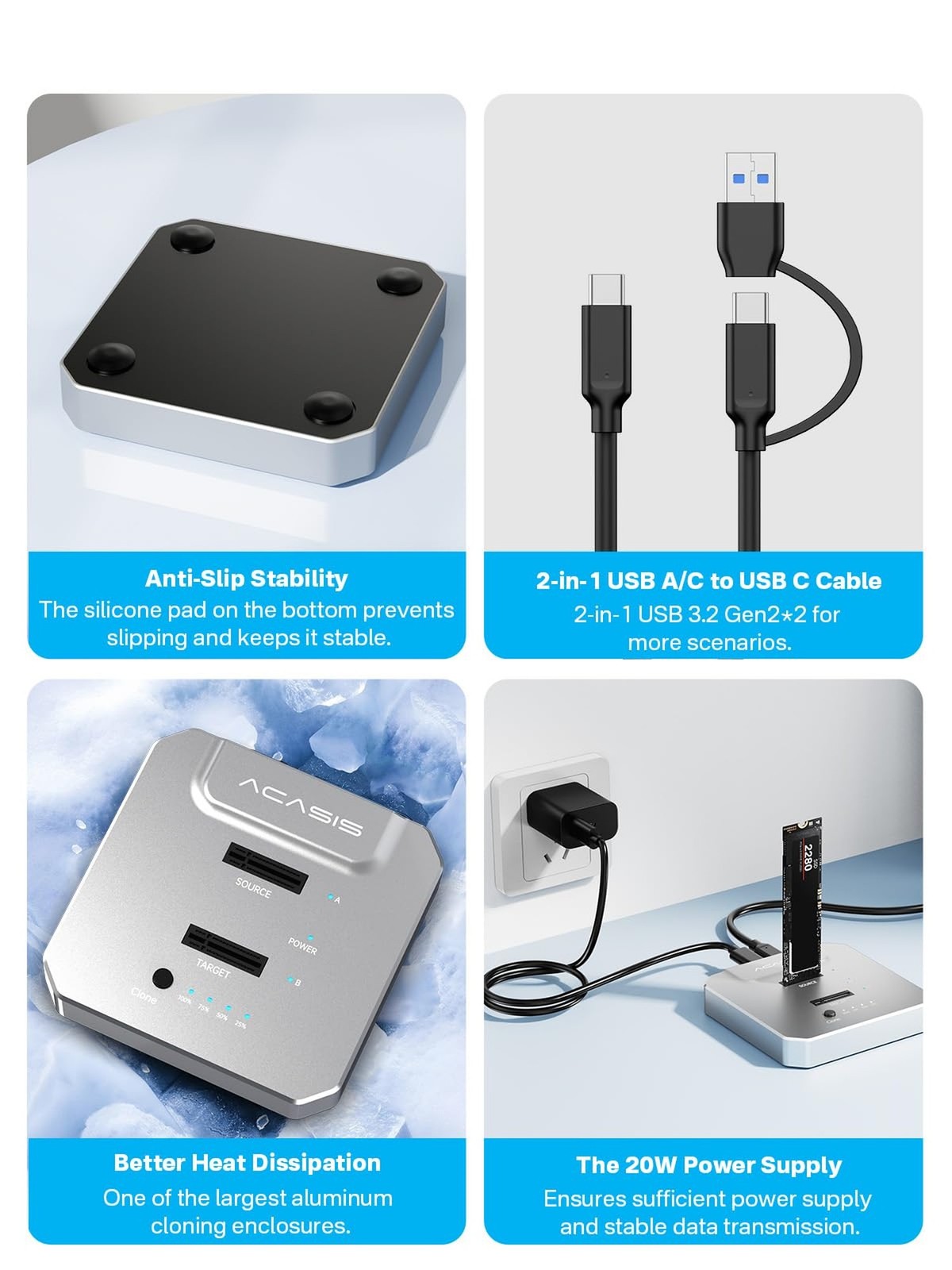 ACASIS 20Gbps M.2 NVMe SSD Cloner & Docking Station, Dual-Bay Offline Duplica…