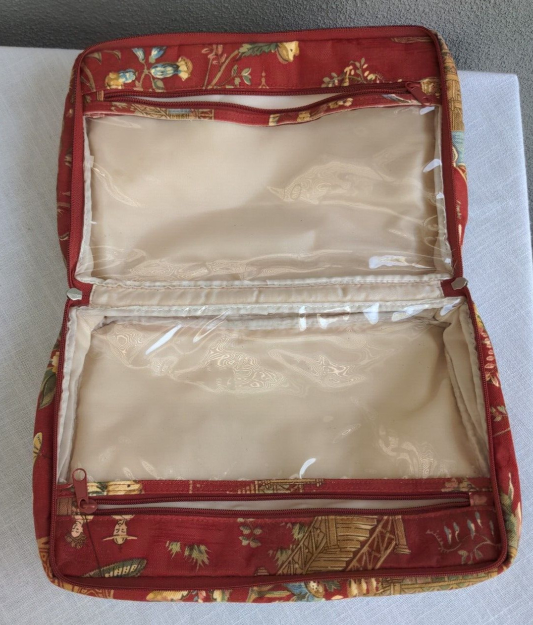 Modella 14″ Lrg Toiletry Travel Bag Organizer Red Gold Fabric Pagoda Asian Scene