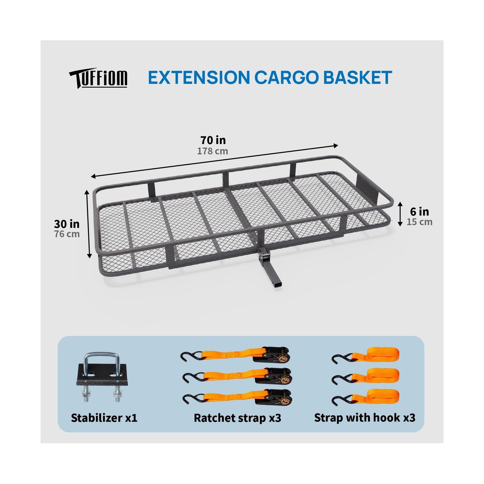 TUFFIOM 70″x30″x6″ Folding Hitch Mount Cargo Carrier Basket, 500lbs Steel Car…