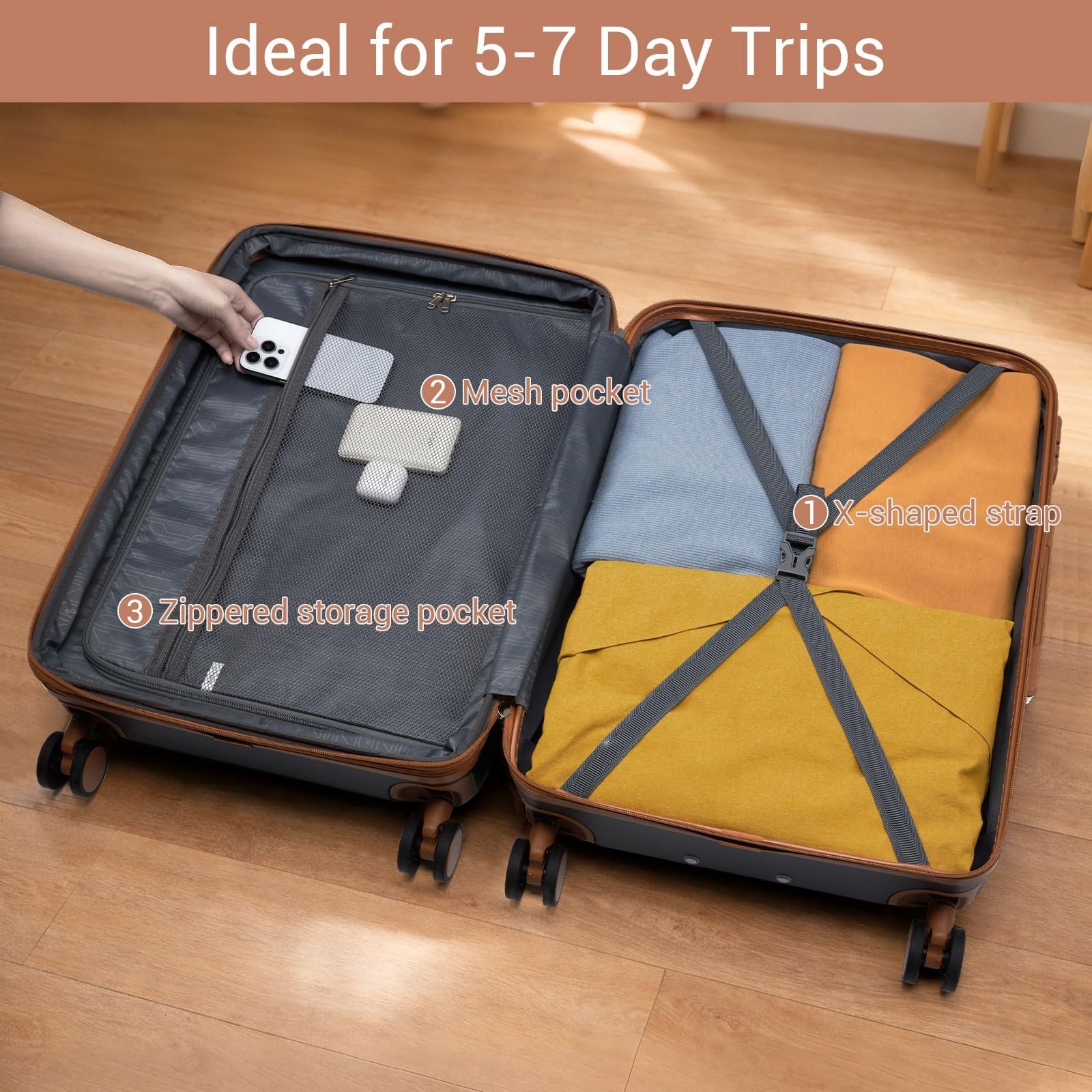 Kono Large Suitcase 28in Expandable ABS+PC 8pcs Silent Wheels luggage Navy/Br…