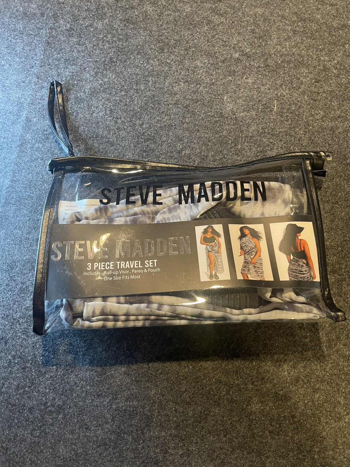 Steve Madden 3 Piece Beach Travel Set Packable Hat, Cover-Up & Pouch NEW