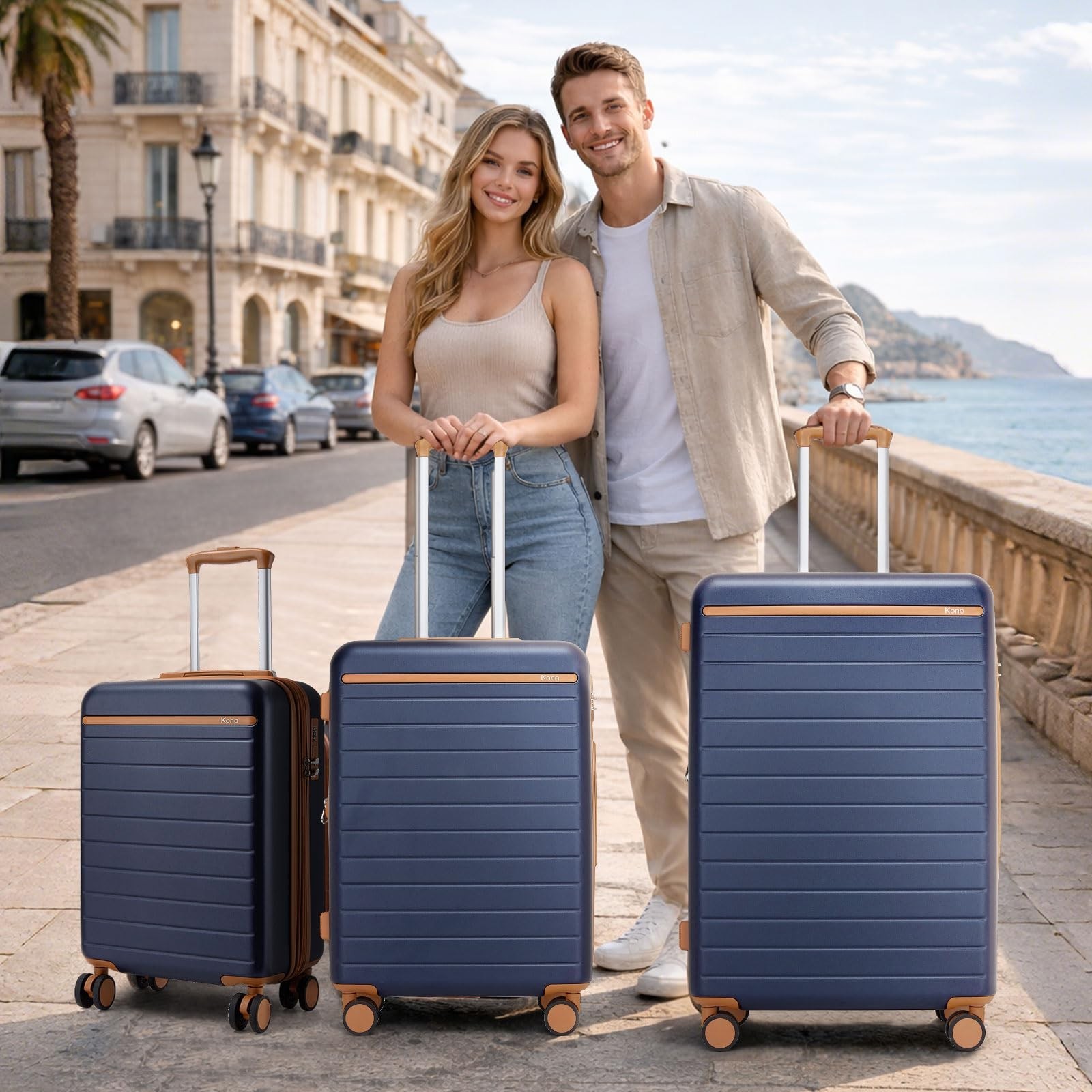 Kono Large Suitcase 28in Expandable ABS+PC 8pcs Silent Wheels luggage Navy/Br…