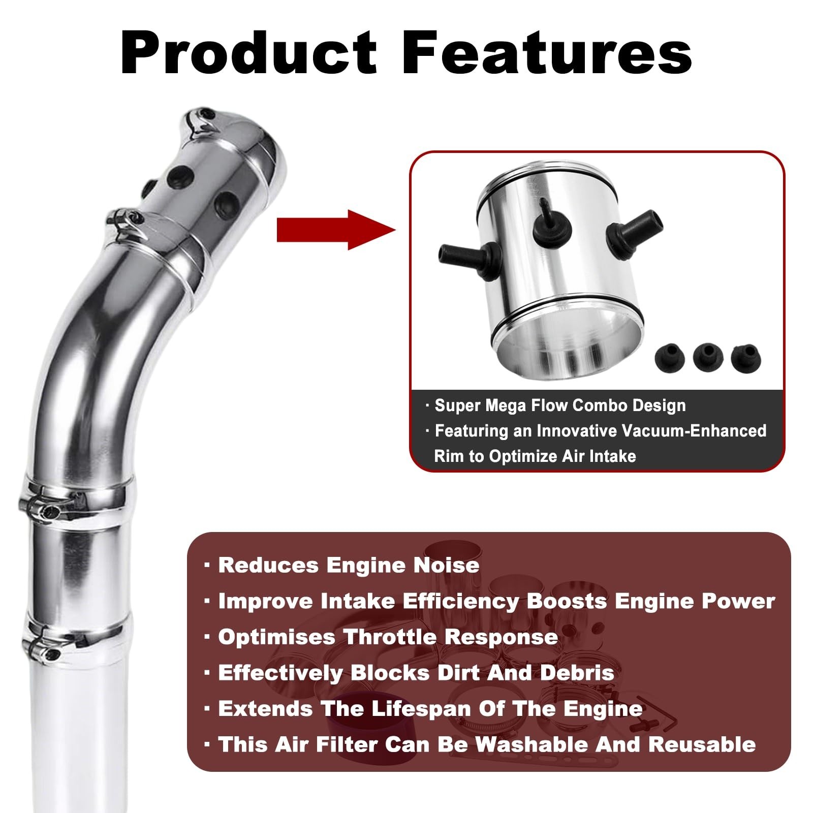 3 Inch (76MM) Cold Air Intake Kit Cold Air Intake Filter Cone Air Intake Tube…