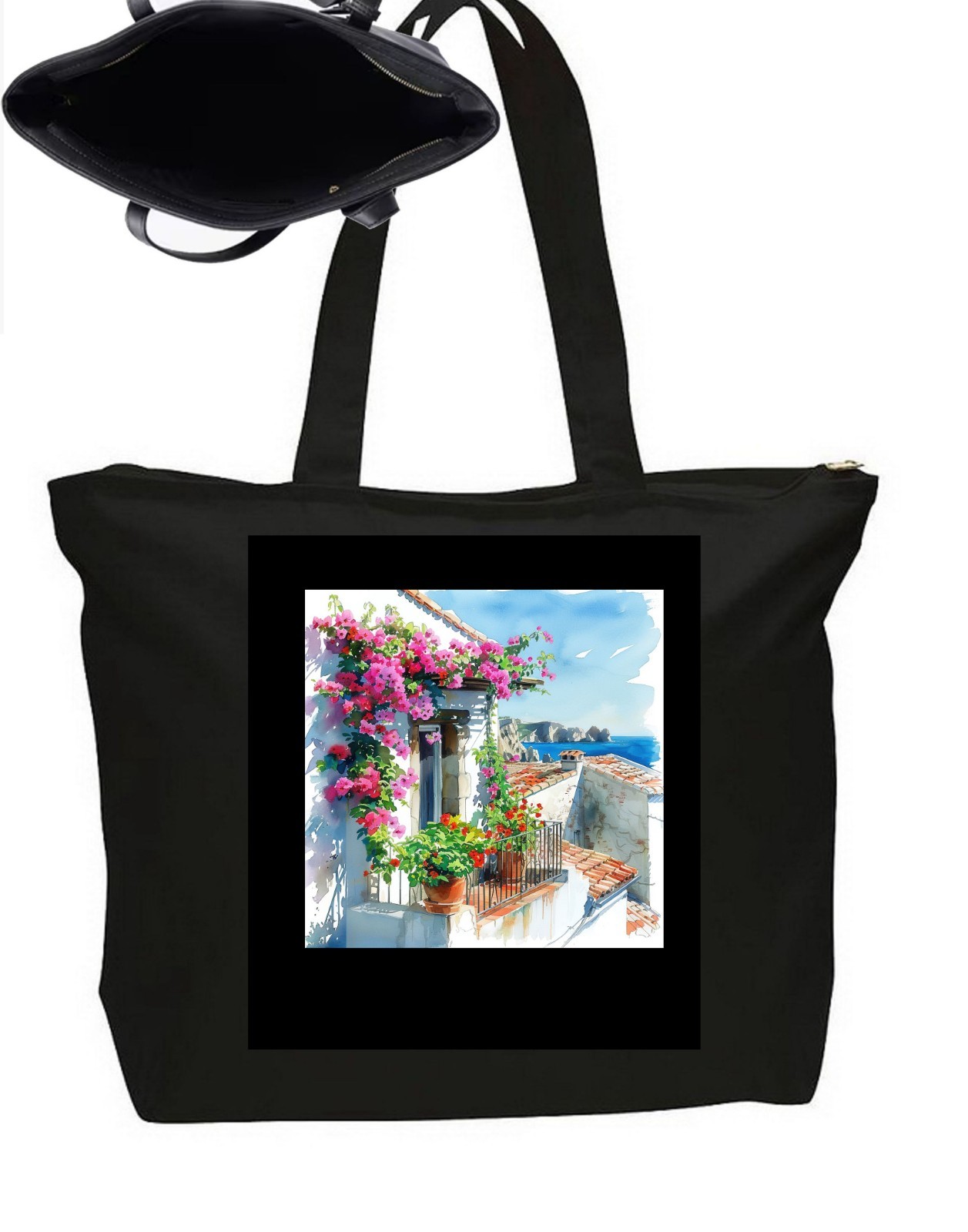 Mediterraneum Greece Santorini Tote Bag Zipper Closure Travel Poster Art 20″