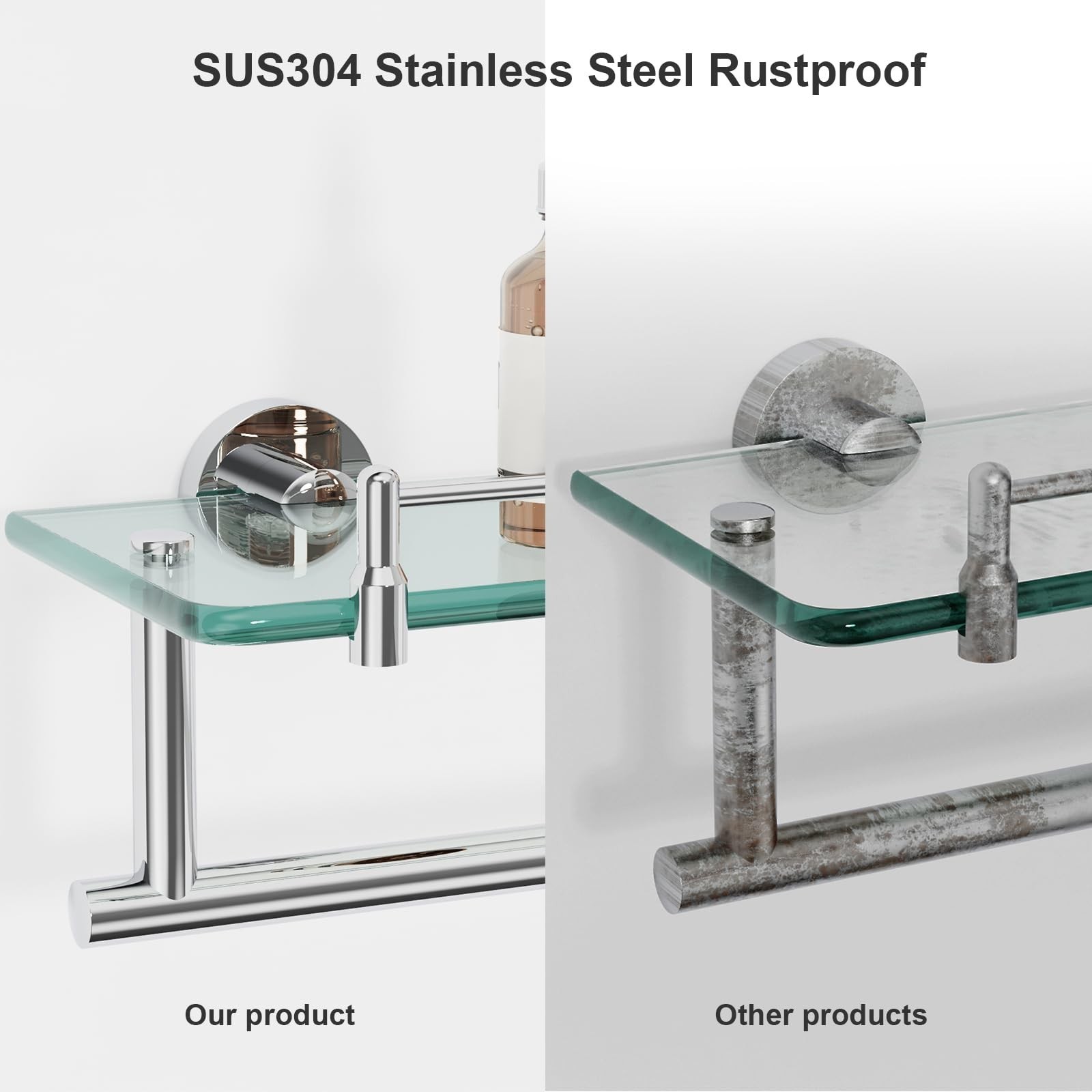 20-Inch Floating Tempered Glass Bathroom Shelf with Towel Bar – Chrome Polish…