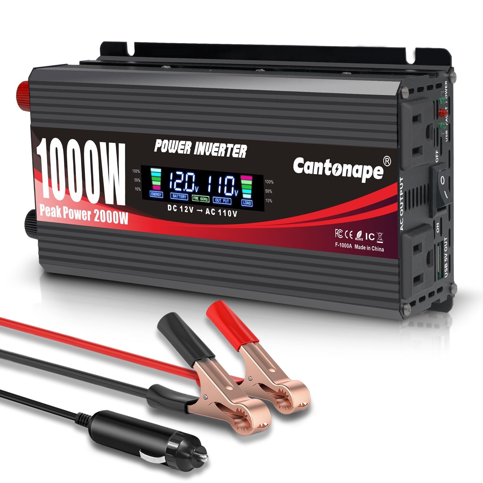 1000 Watt Car Power Inverter DC 12V to 110V/120V AC Converter with LCD Displa…