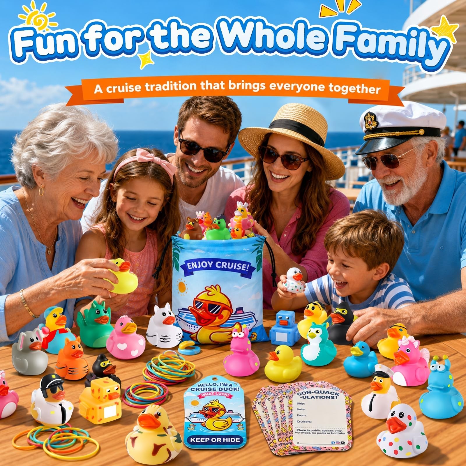 180 Pcs Cruise Rubber Duck Kits – Assorted Ducks, Tags, Bands & Storage Bag – Ca