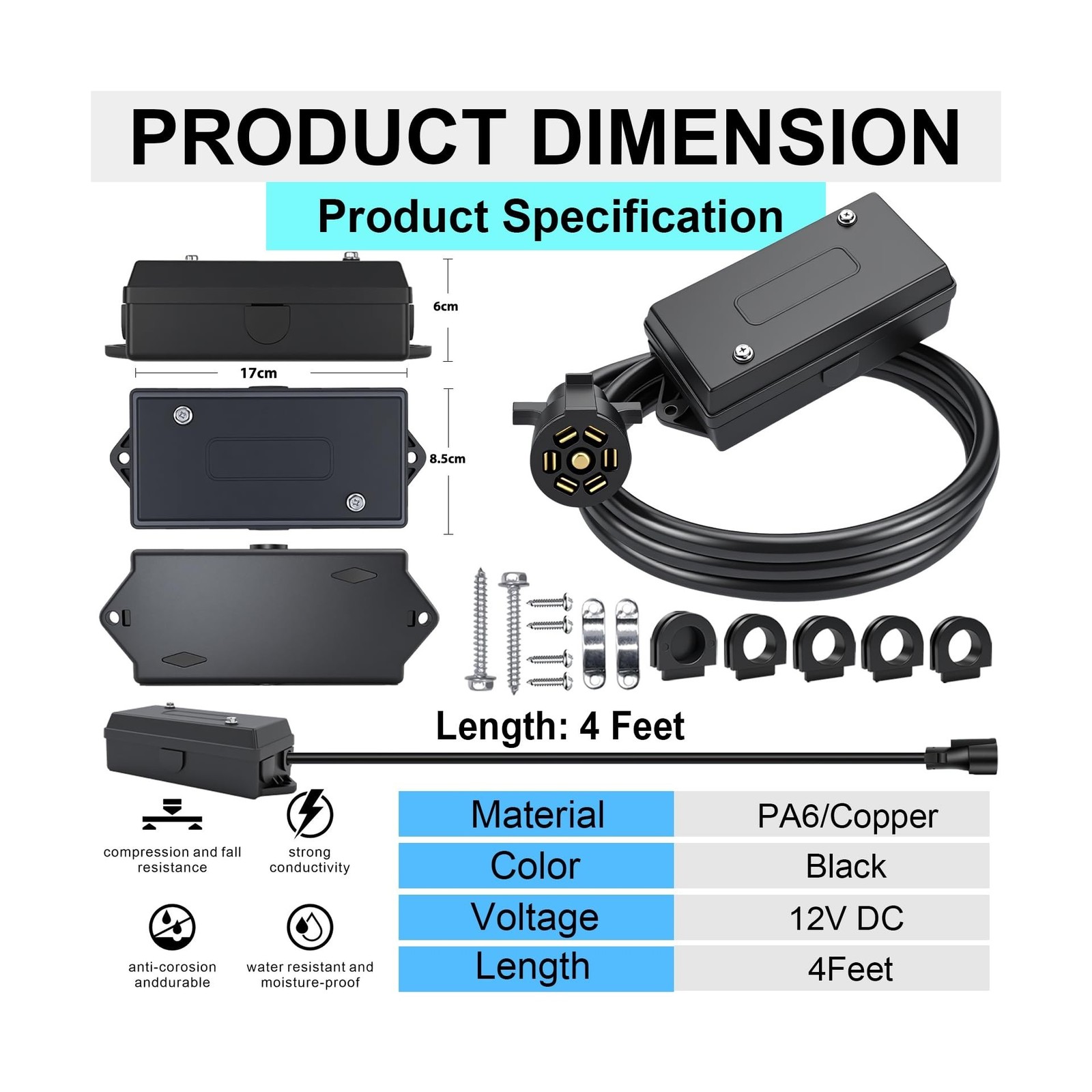 7 Pin Trailer Wiring Harness with 7 Gang Junction Box – 4 Feet, Heavy Duty 7-…