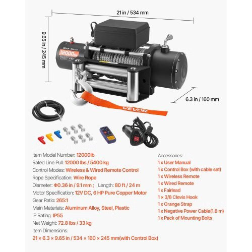 Electric Winch, 12000 lbs Load Capacity, 12V DC Truck Winch with ?&brvbar;0.36 i