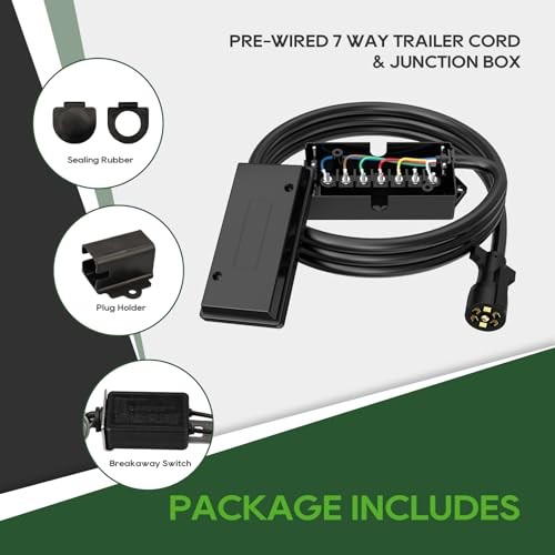 RVGUARD 7 Way 8 Foot Trailer Cord with 7 Gang Junction Box Ki | 12V Breakaway