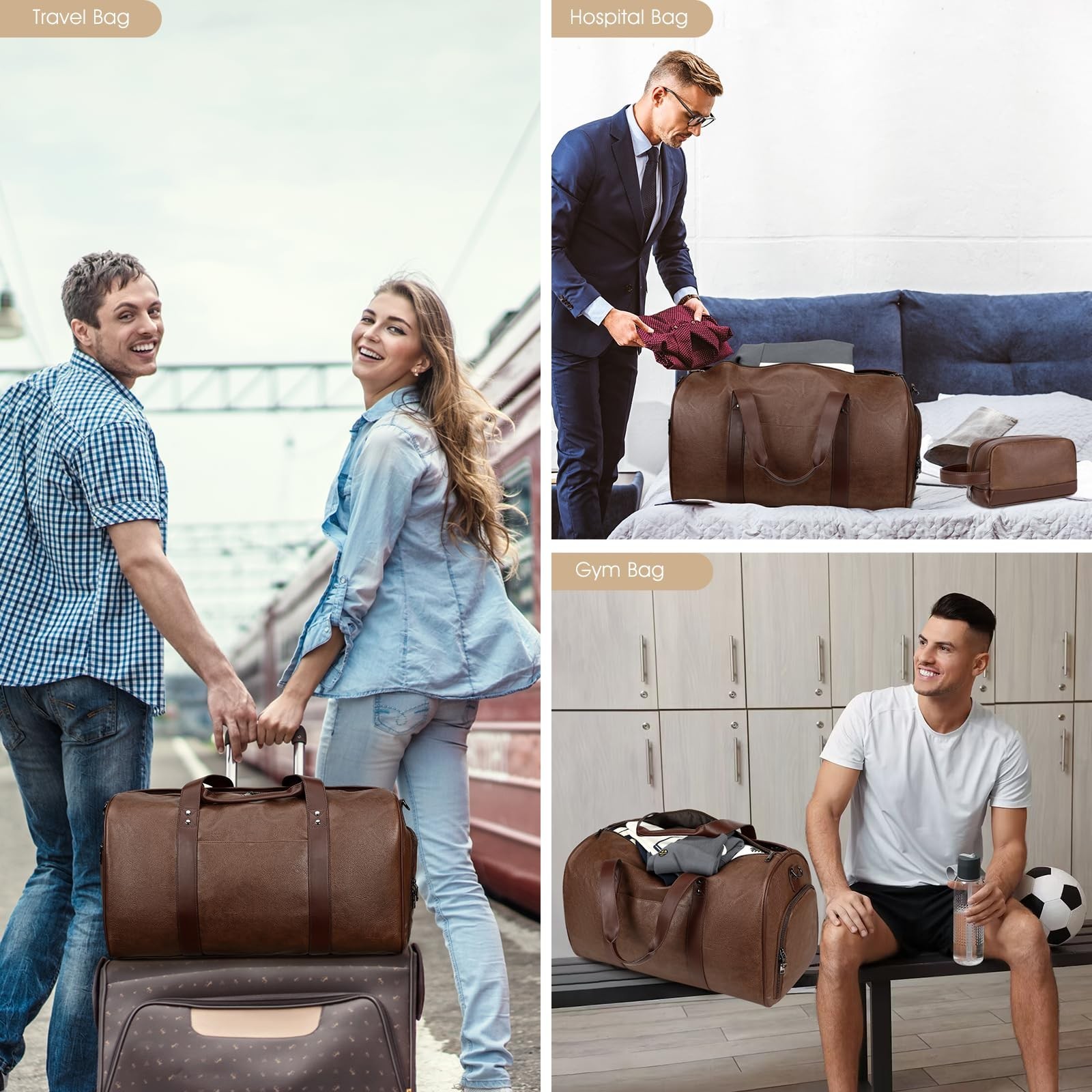 3PCS Faux Leather Weekender Bag for Women Men Travel Bag Overnight Bags | Lea…