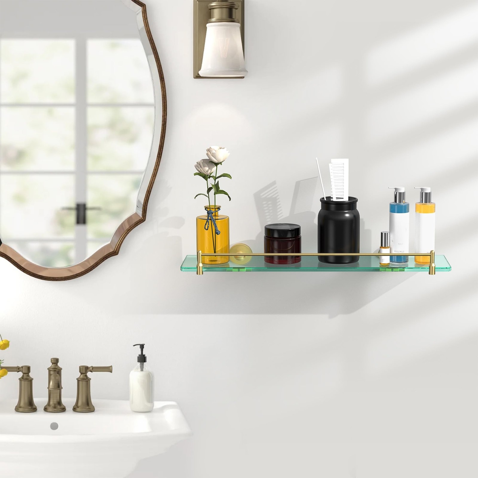 20 Inches Glass Shelves for Bathroom, Brushed Gold Floating Glass Shelf Stain…