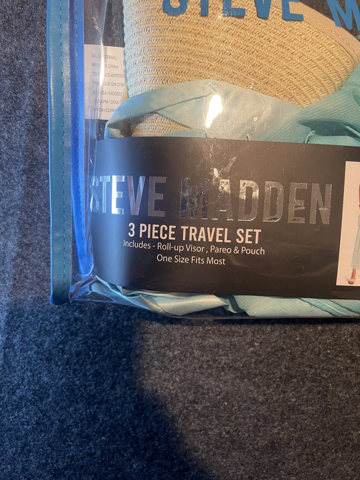 Steve Madden 3 Piece Beach Travel Set Packable Hat, Cover-Up & Pouch NEW