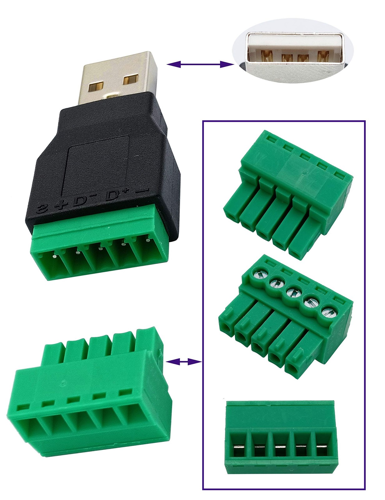 USB 2.0 A Screw Terminal Block Adapter USB 2.0 A Male to 5 Pin/Way Female Bol…