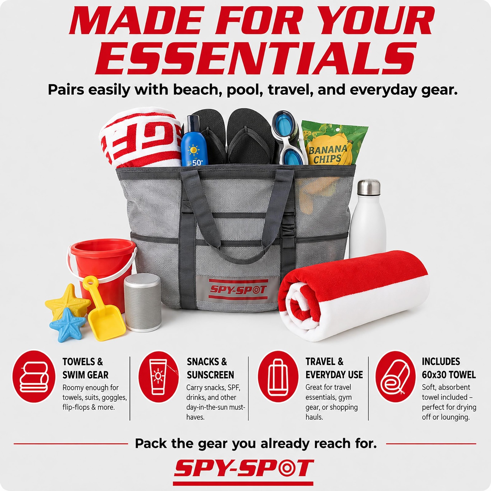 SPY SPOT Mesh Beach Tote Bag with 60×30 Towel Bundle, Large Quick-Dry Carryal…