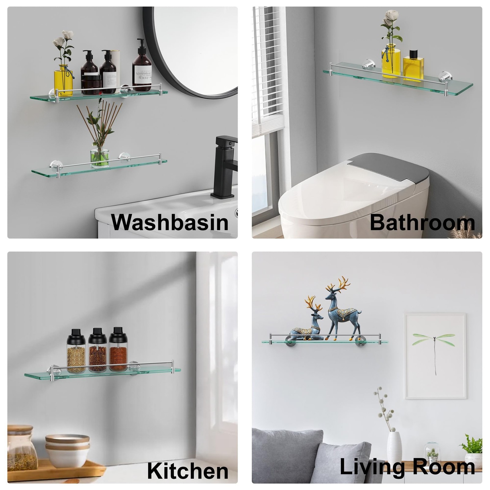 20 Inches Glass Shelves for Bathroom, Chrome Polished Floating Glass Shelf St…