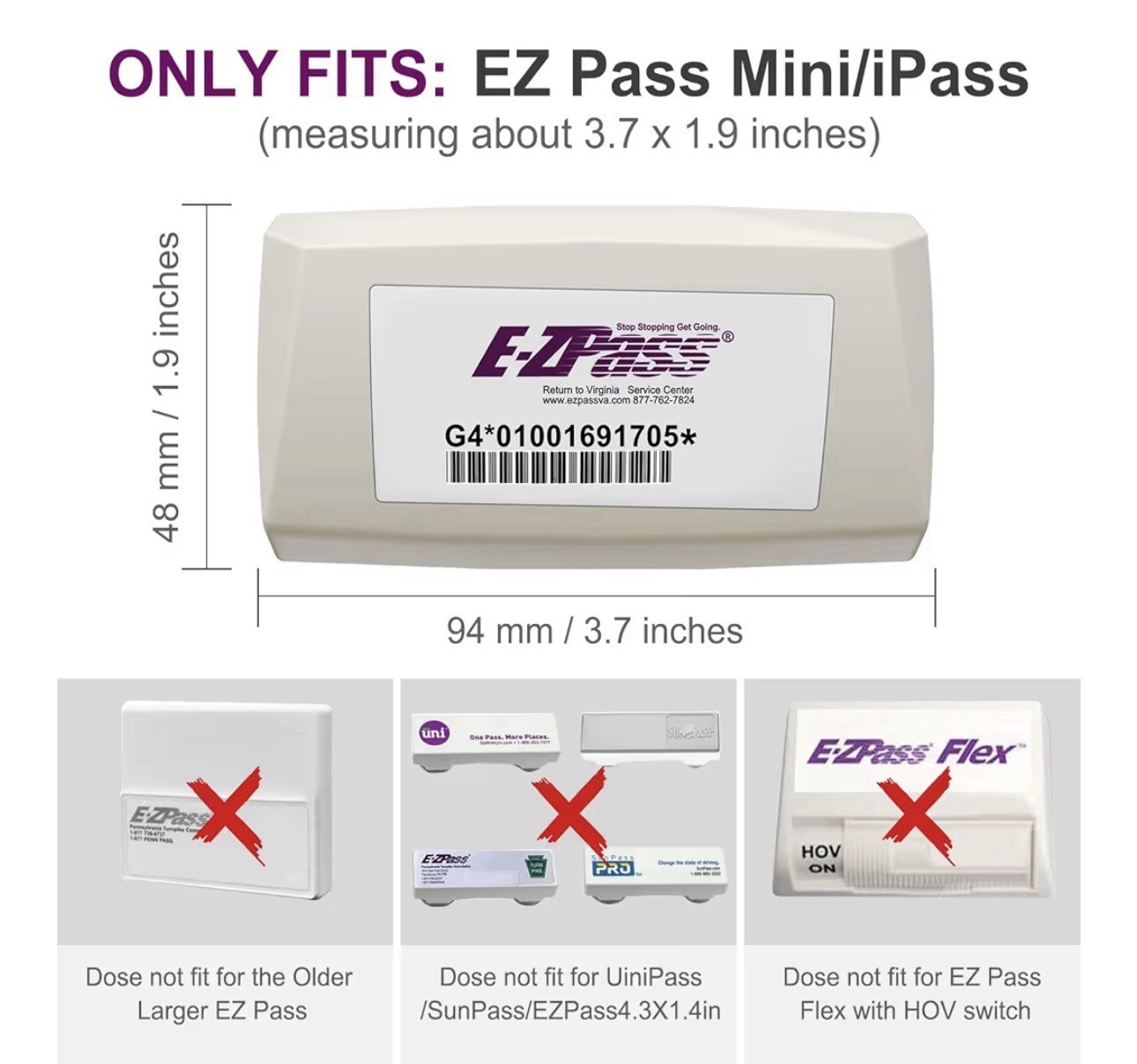 EZ Pass Holder for Windshield w/ Strong Suction Cups. New Open Box