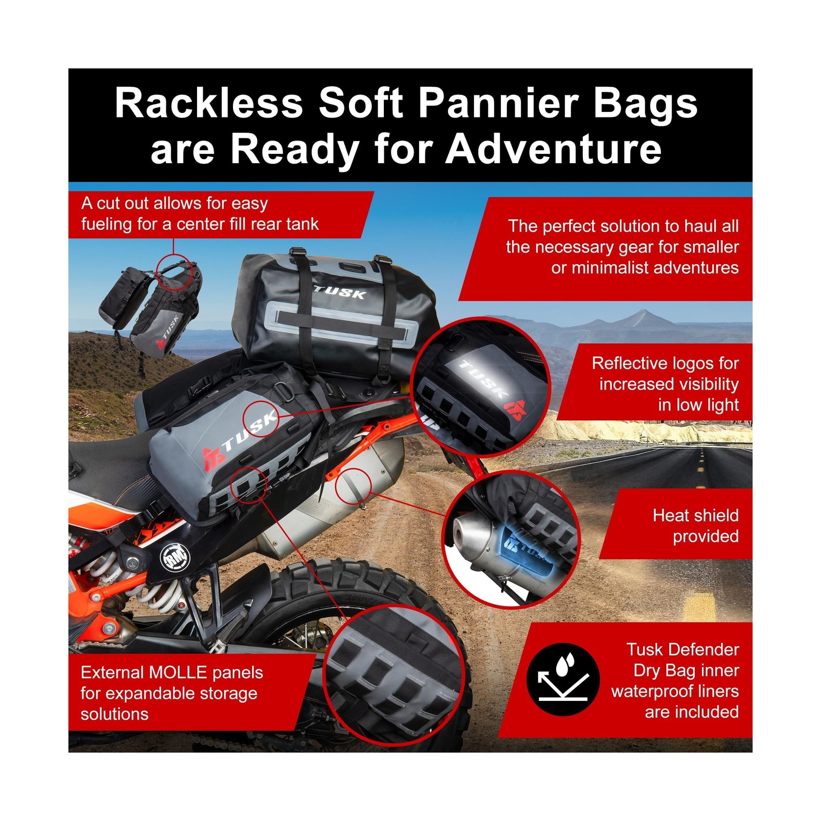 TUSK Excursion Rackless Luggage System w/Small Dry Duffel Tail Bag Standard H…