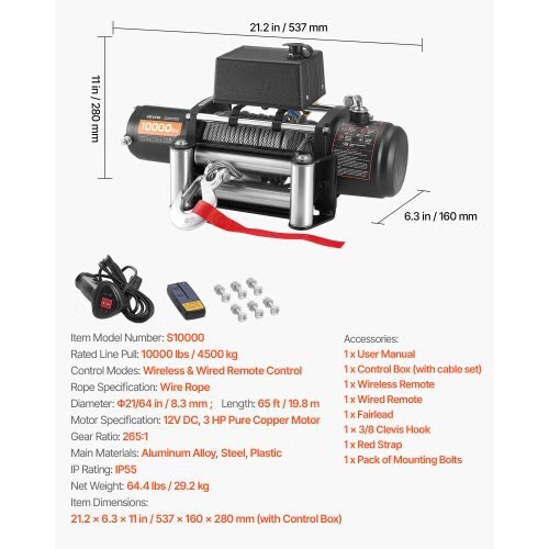Electric Winch, 10000 lbs Load Capacity, 12V DC Truck Winch with ?&brvbar;21/64