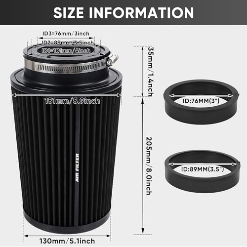 3 3.5 4 Inch Cold Air Intake Filter 76mm 89mm 101mm High Performance Black