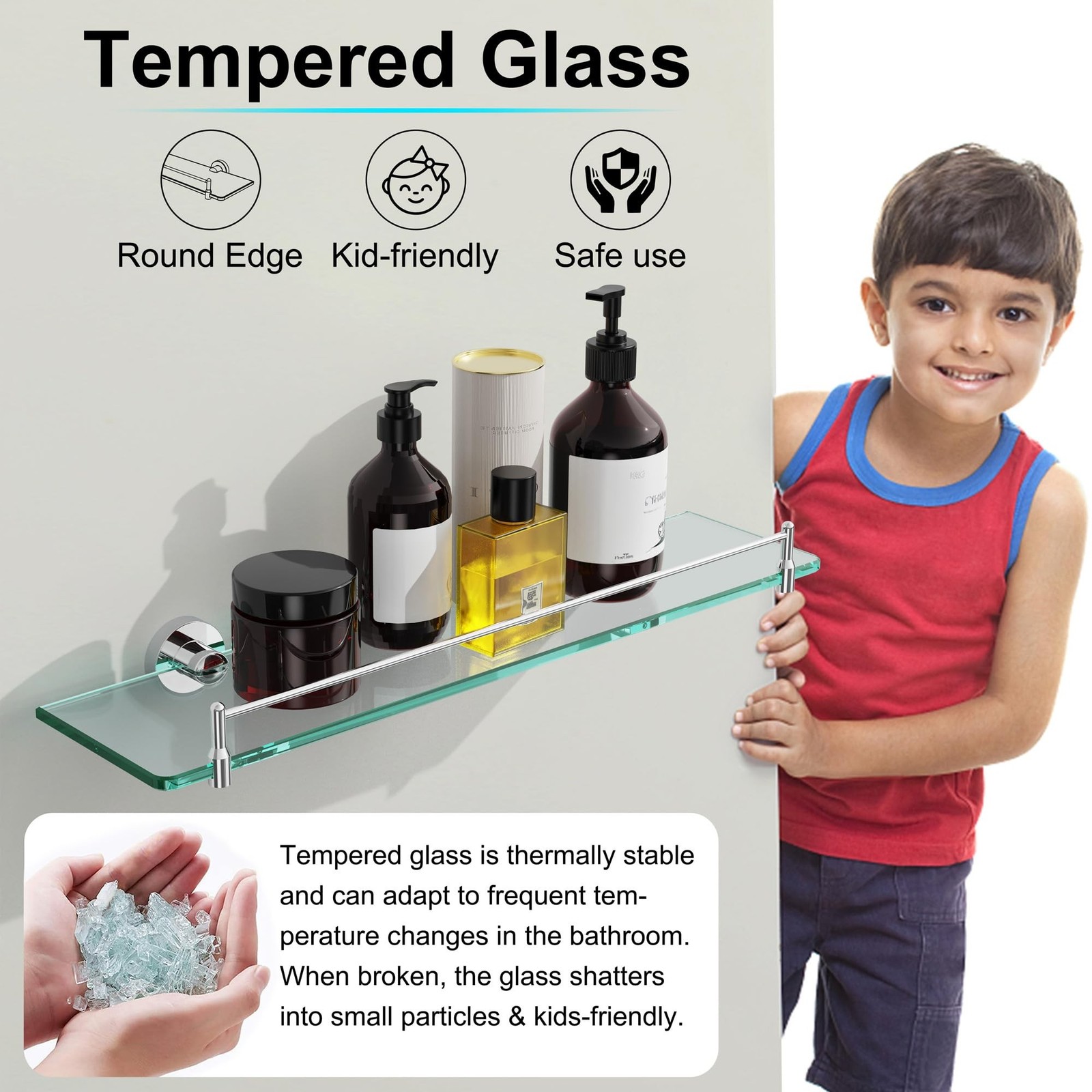 20 Inches Glass Shelves for Bathroom, Chrome Polished Floating Glass Shelf St…