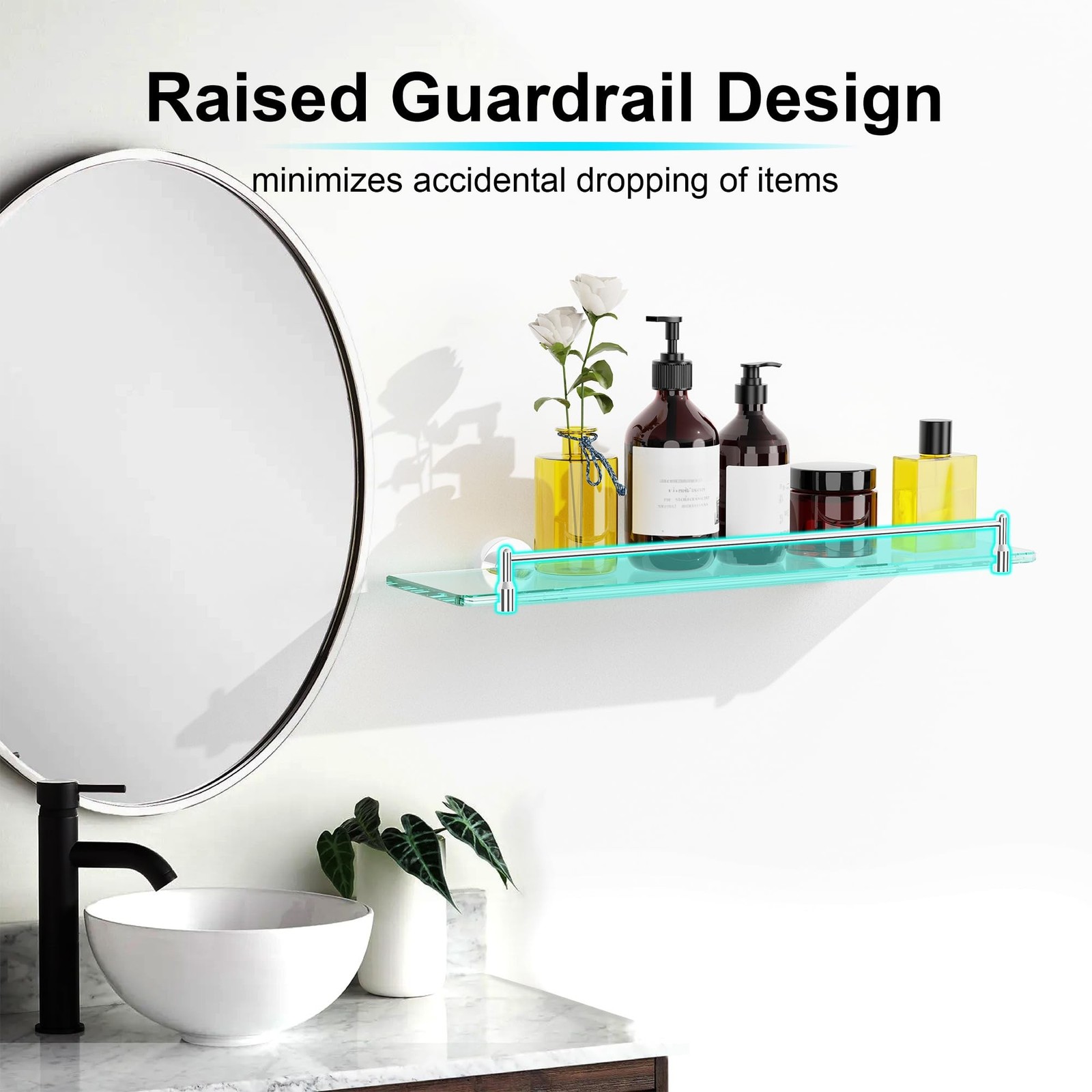 20 Inches Glass Shelves for Bathroom, Chrome Polished Floating Glass Shelf St…