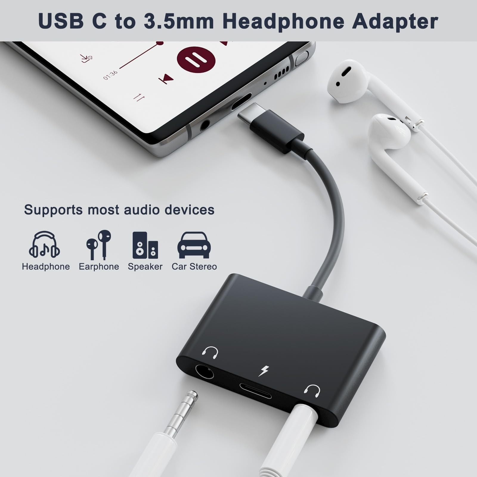 UWECAN USB C Headphone Adapter,3 in 1 USBC to 3.5mm Dual Headphone Jack Adapt…