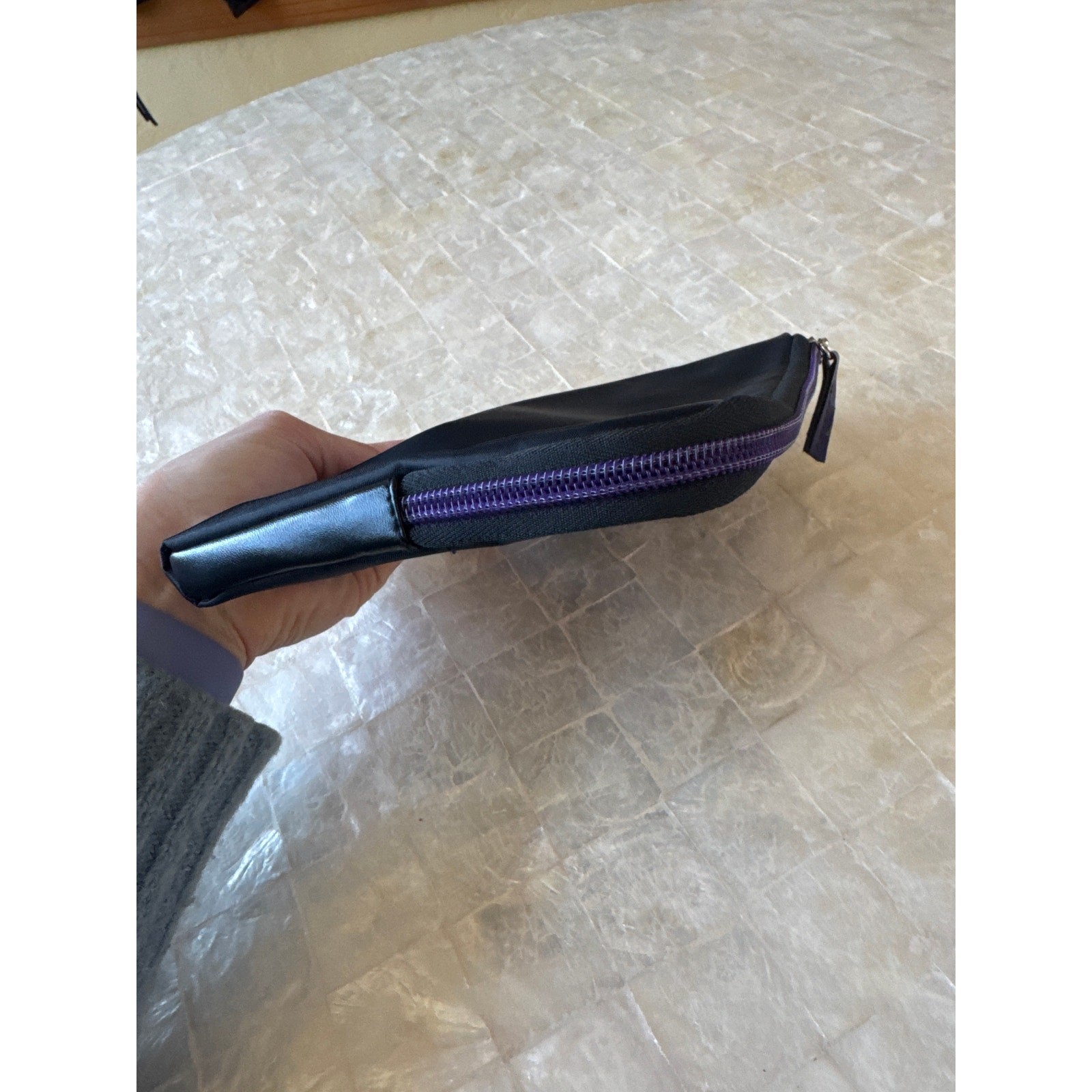 Tumi travel bag black and purple w silver logo zip around toiletry case pouch