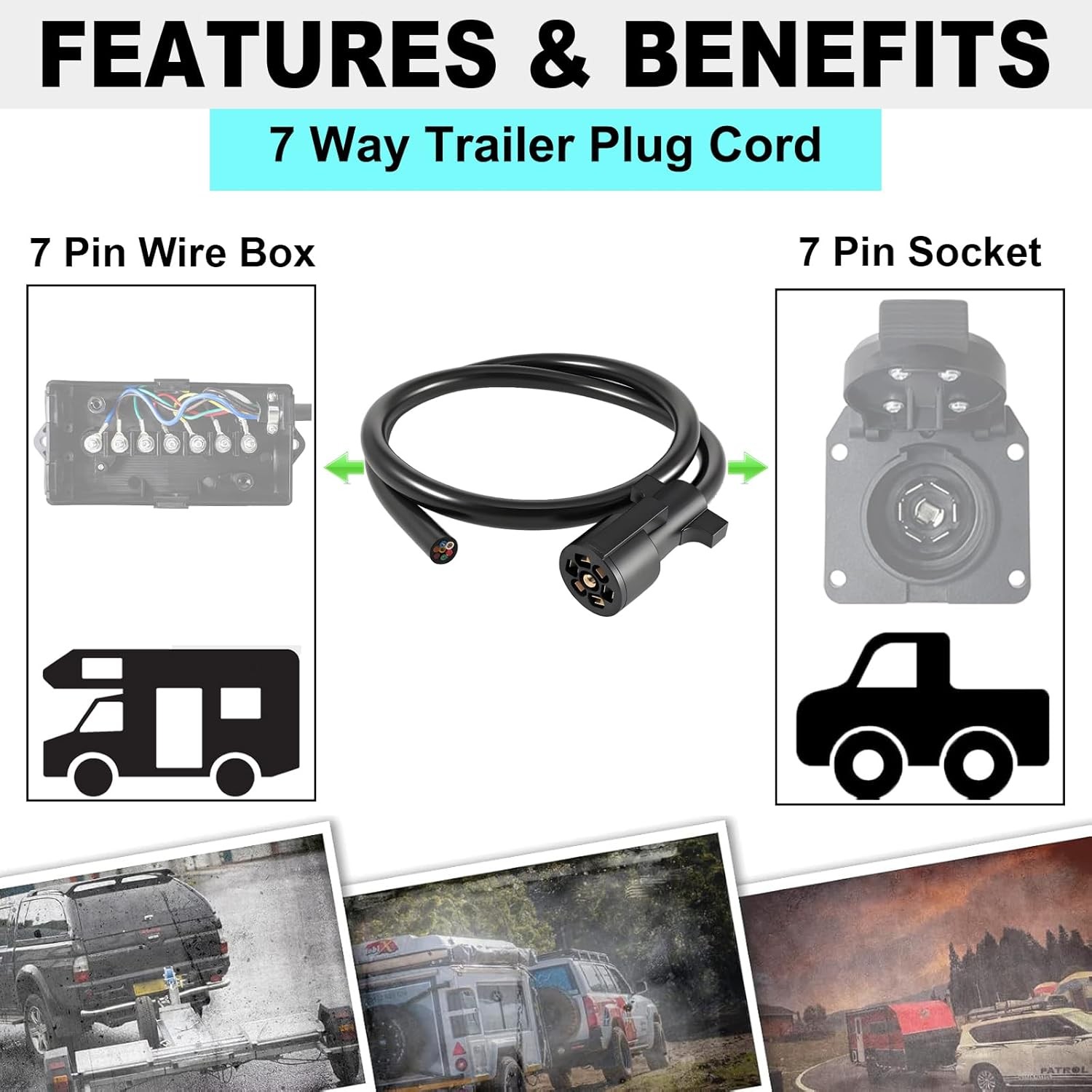 7 Way Trailer Cord 4FT Heavy Duty Trailer Plug Inline Wiring Harness Connector