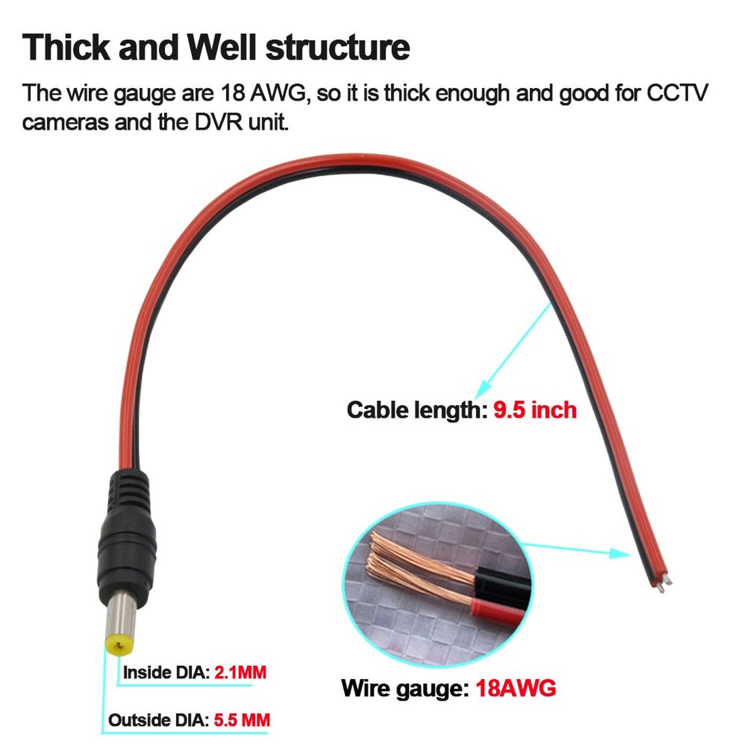 18 AWG DC Pigtail Barrel Plug Connector Cable, 20pcs Male, 12V 5A | 2.1mm x 5…