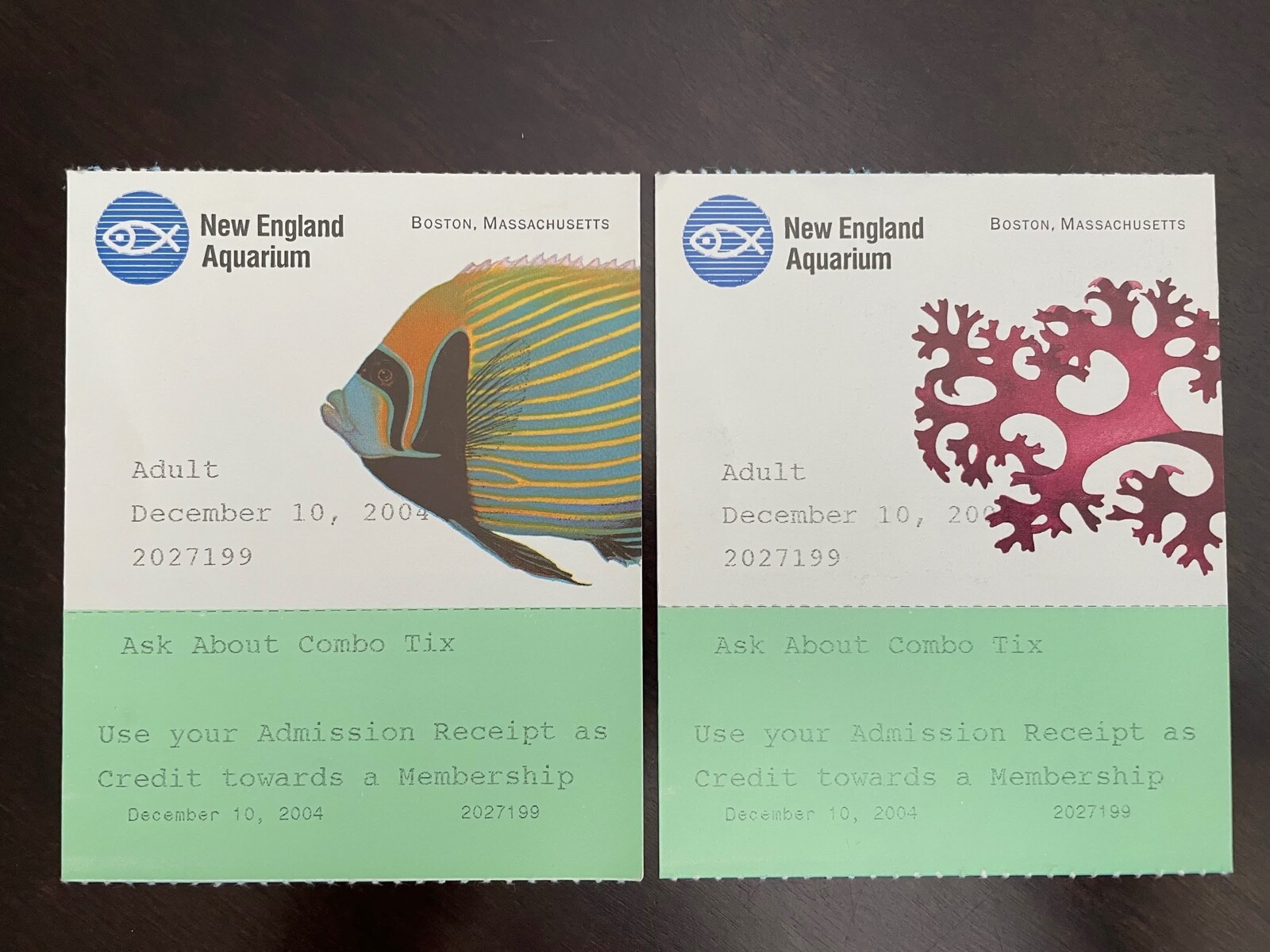 TICKET STUBS (2) THE NEW ENGLAND AQUARIUM BOSTON, MA DECEMBER 10, 2004