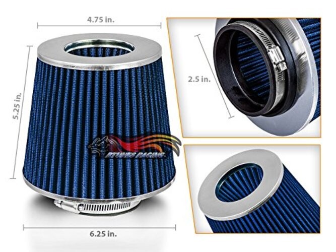 BLUE Cold Air Intake Cone Replacement Performance Washable Clamp Standard 2.5″