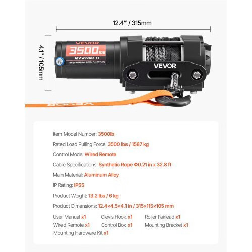 3500 lbs Electric Winch, 12V DC ATV/UTV Winch with ?&brvbar;0.21 in x 32.8 ft Sy
