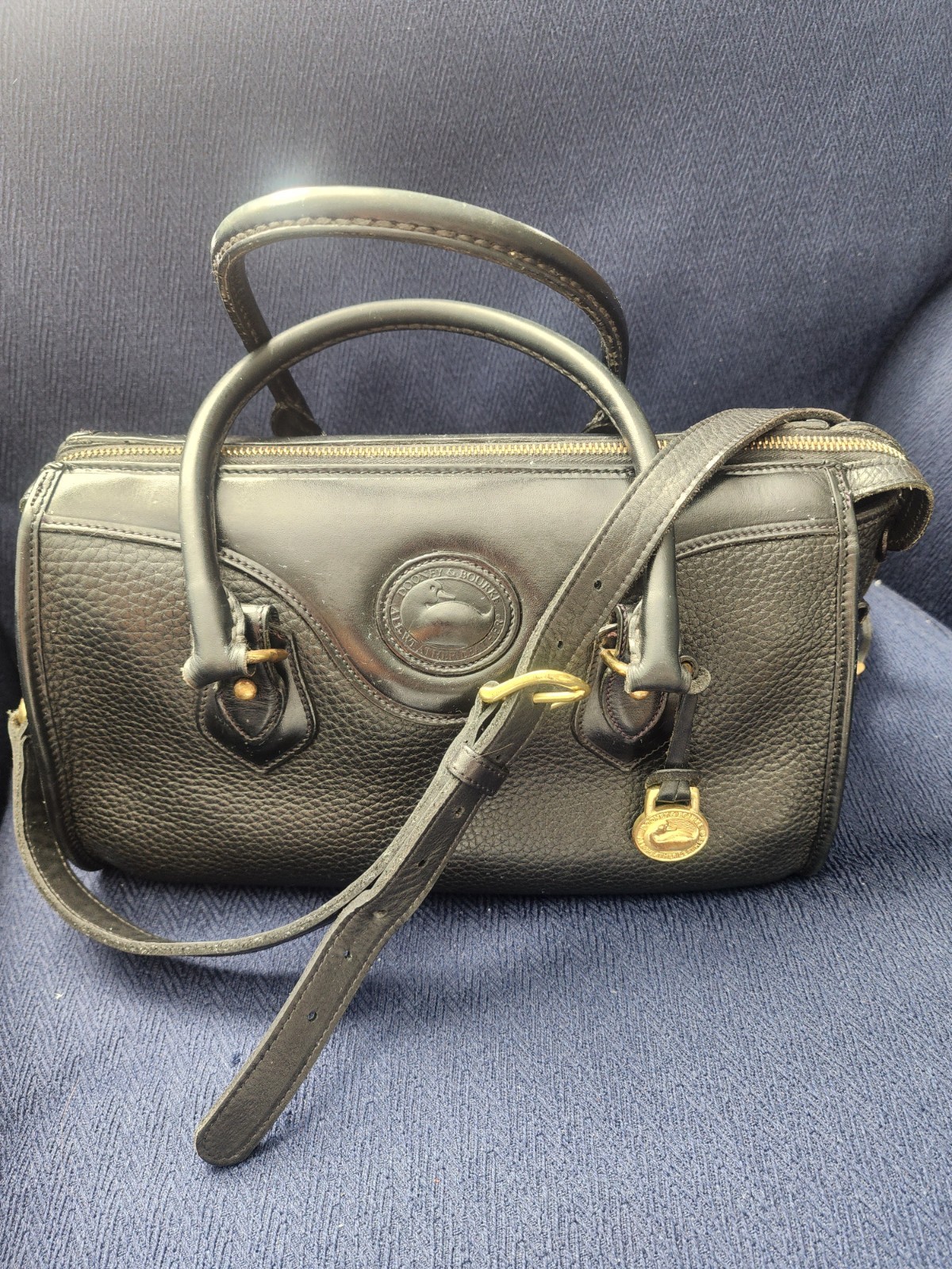 Dooney & Bourke Black Pebbled Satchel Bag with Detachable Strap, Zipper, Logo