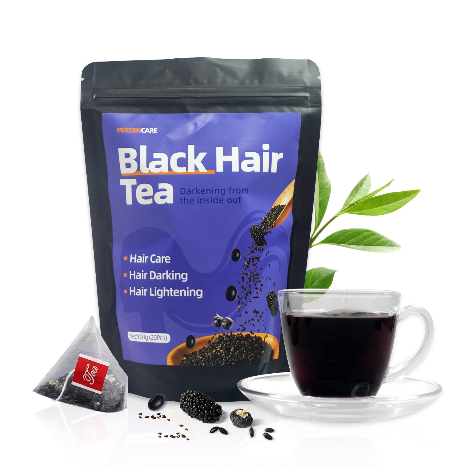 20 Pcs Natural Black Hair Tea Man & Woman Hair Growth thickning and Darkening