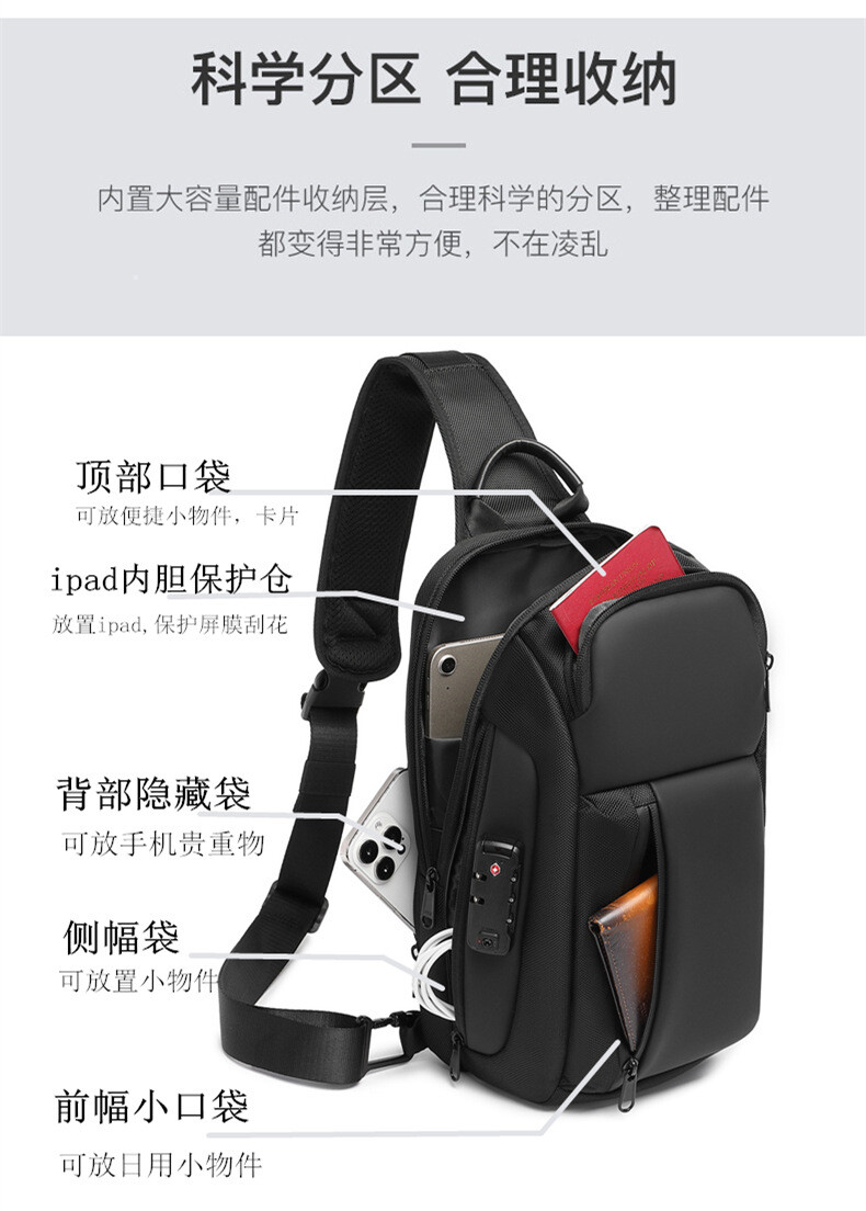 Crossbody bag Men’s shoulder bag TSA combination lock Anti-theft breast bag