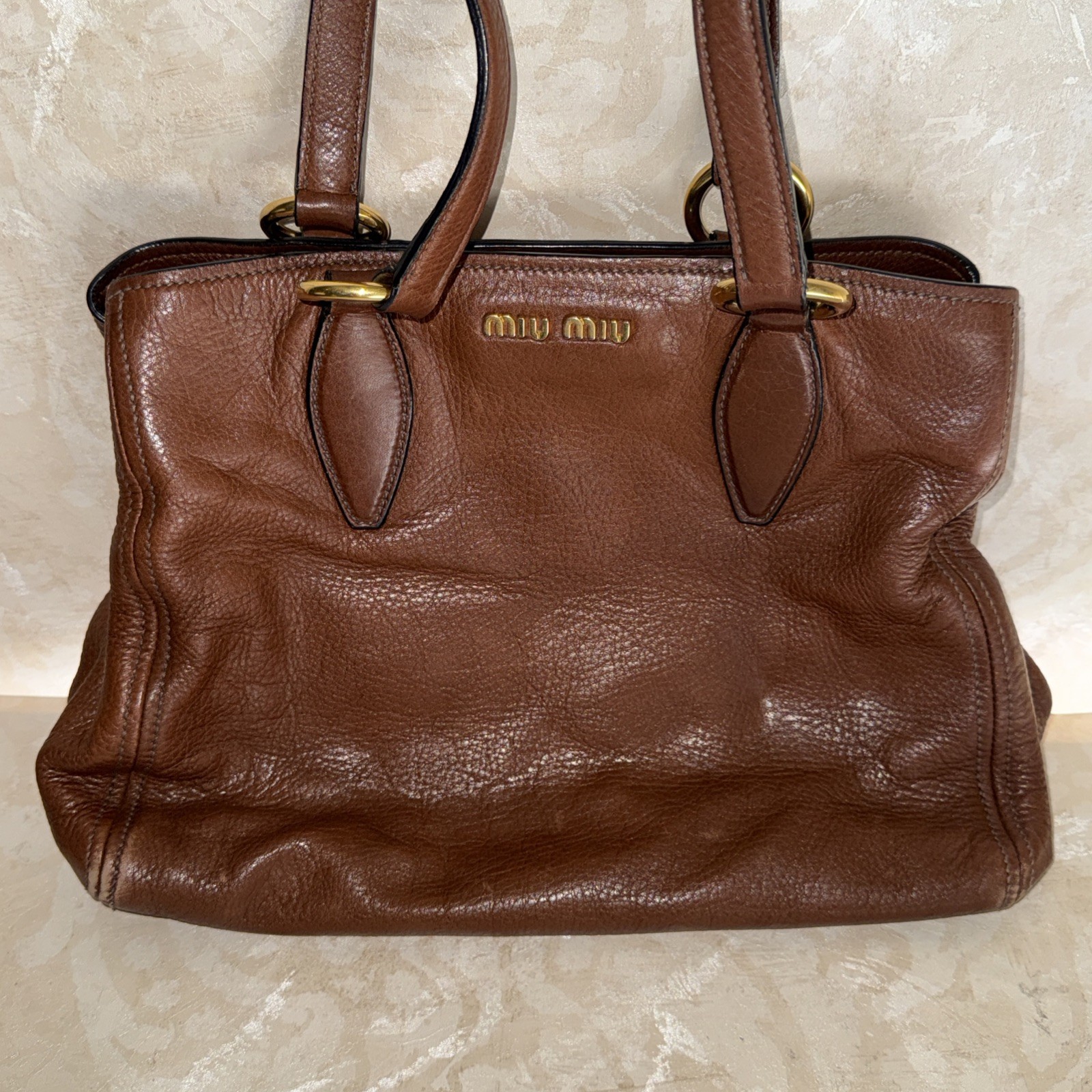 Miu Miu Vitello lux Brown Leather Hand Bag Purse ( MISSING THE SHOULDER STRAP)
