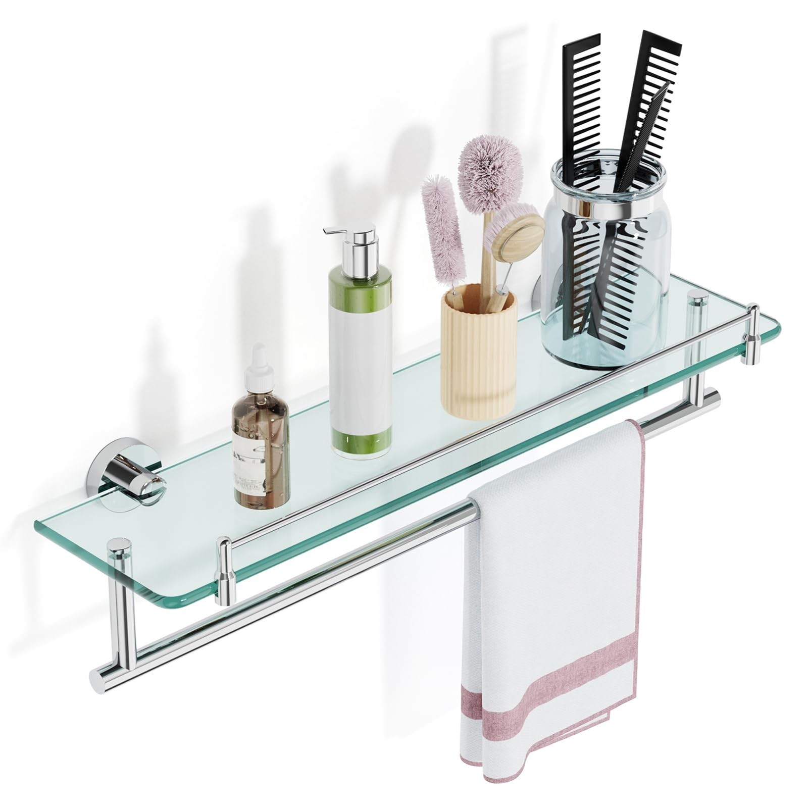 20-Inch Floating Tempered Glass Bathroom Shelf with Towel Bar – Chrome Polish…