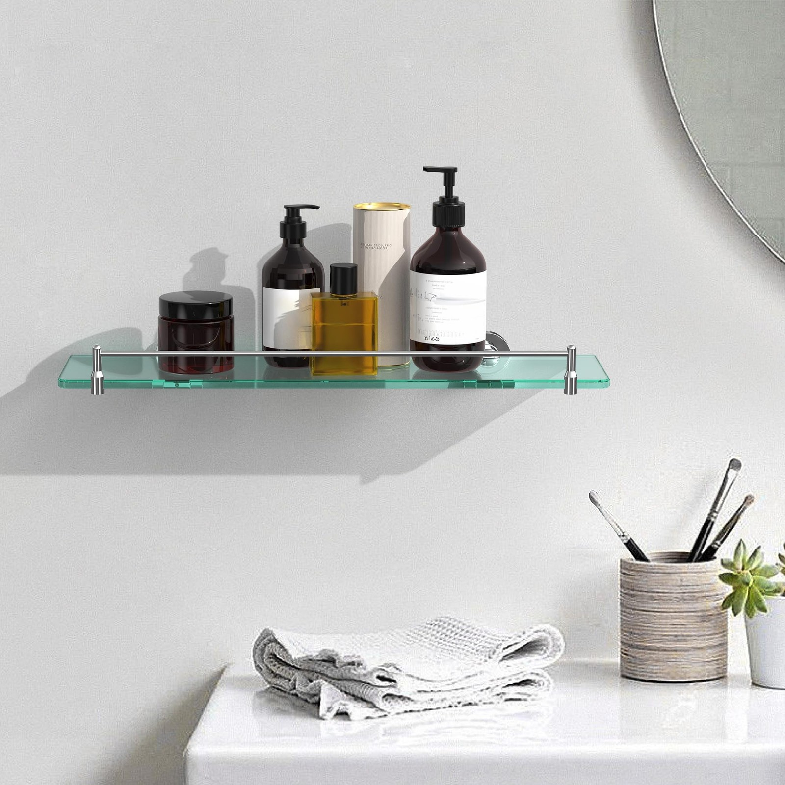 20 Inches Glass Shelves for Bathroom, Chrome Polished Floating Glass Shelf St…