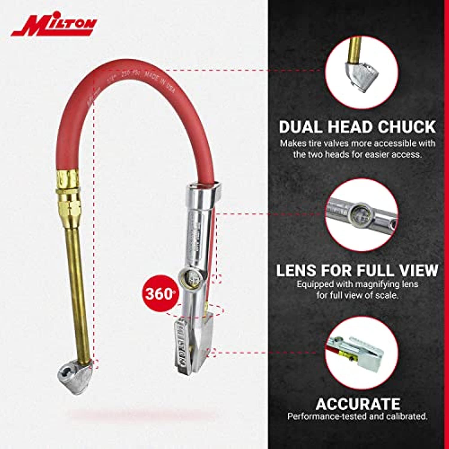 Milton S-506 Original Analog Tire Inflator with Pressure Gauge, 15″ Hose Dual