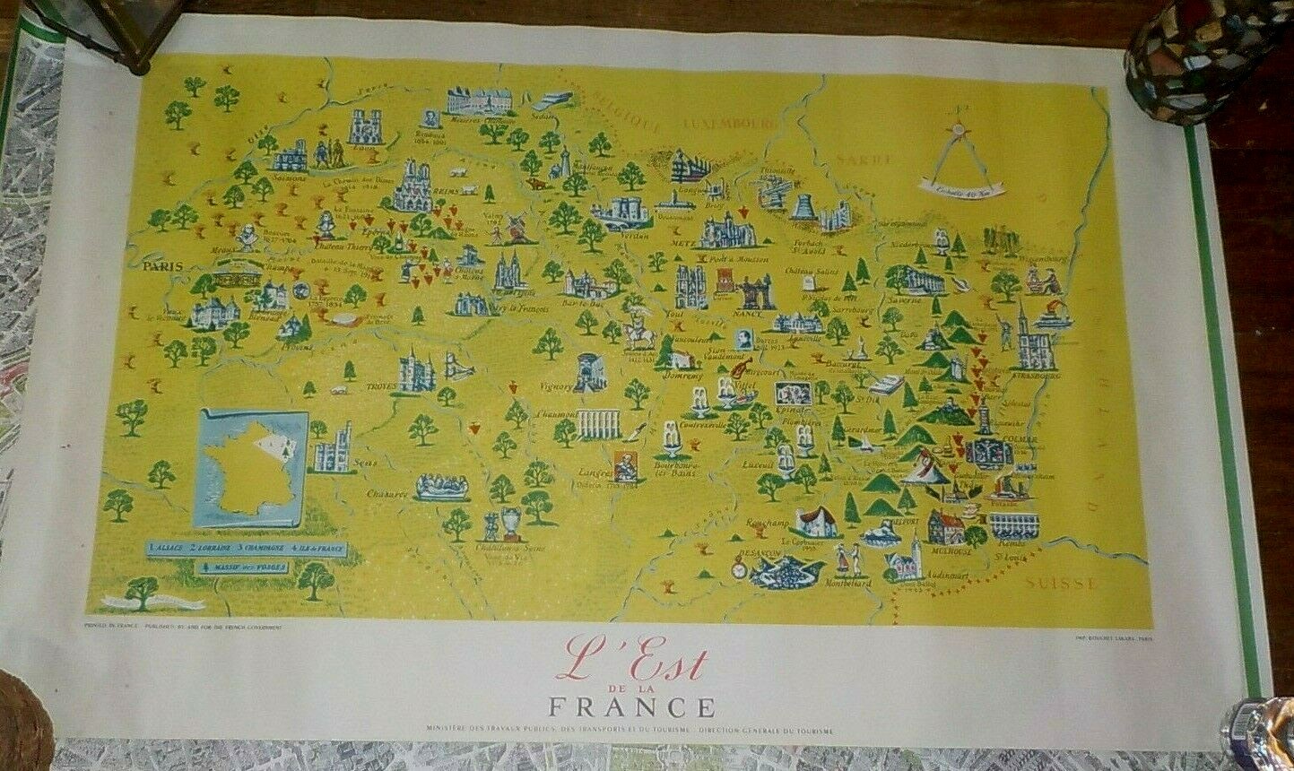 2 Vintage Original Paris France POSTER Aerial View Map 1958 Tourism Travel