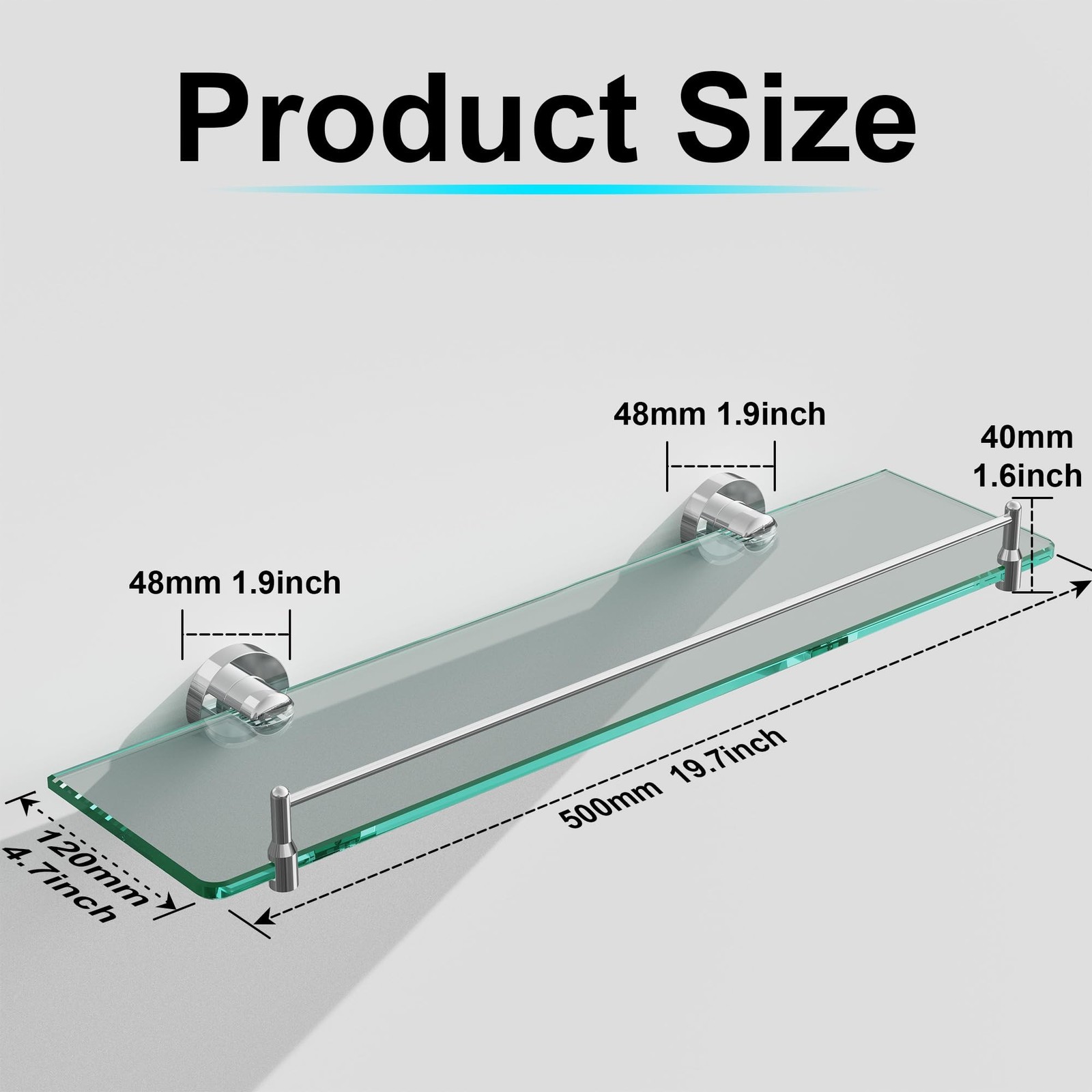 20 Inches Glass Shelves for Bathroom, Chrome Polished Floating Glass Shelf St…