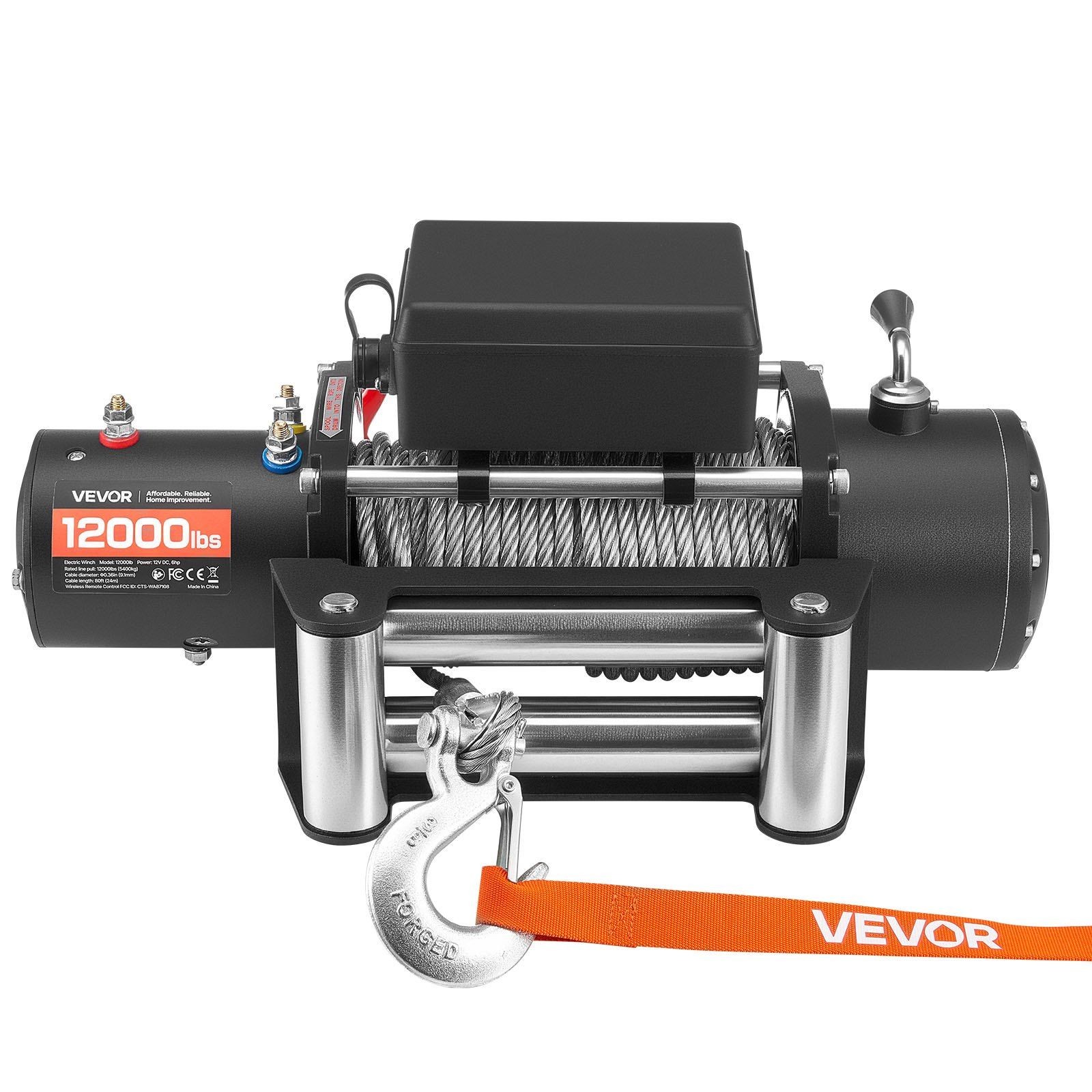 12000lb Capacity 12V Electric Winch 0.36in x 80ft Steel Rope Fully Sealed