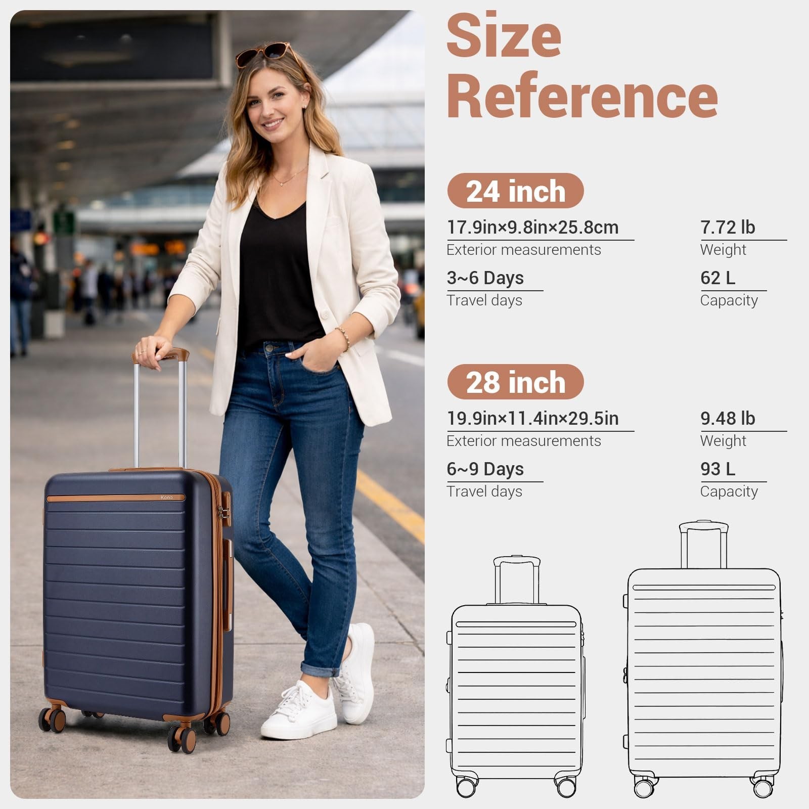 Kono Large Suitcase 28in Expandable ABS+PC 8pcs Silent Wheels luggage Navy/Br…