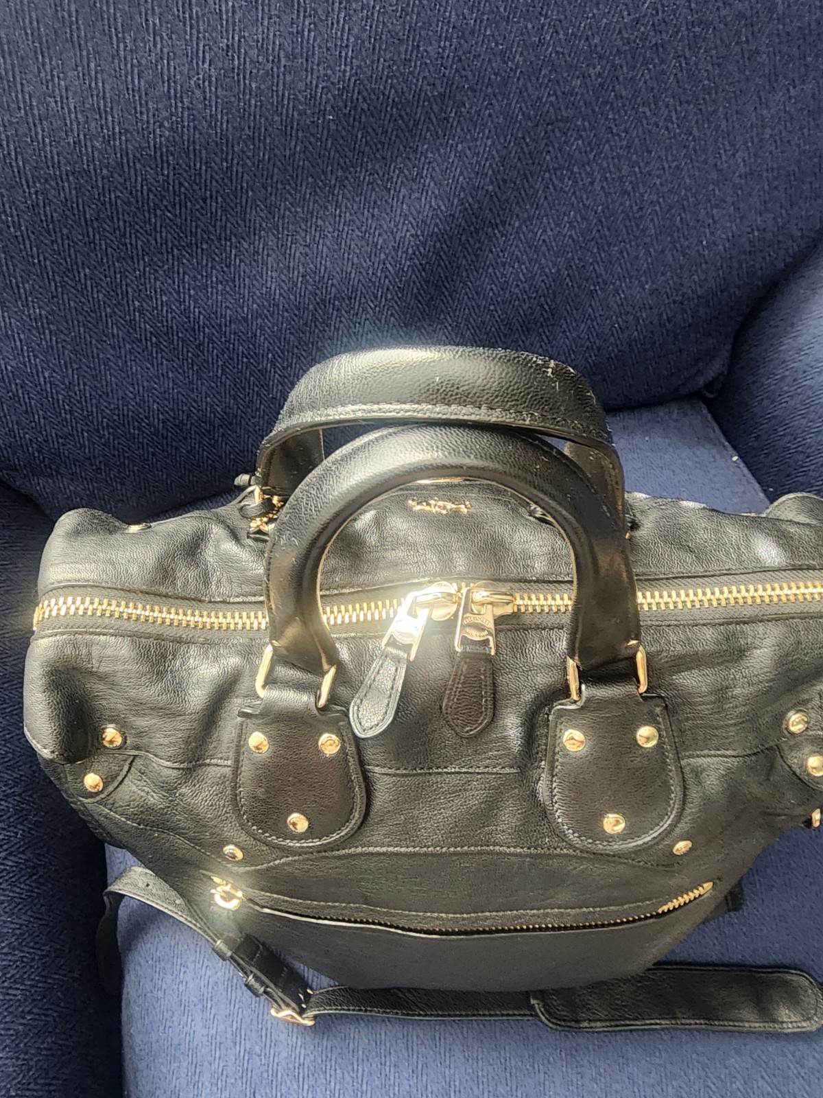 Coach Black Satchel Top Handle Gold Hardware Studded Accents Detachable Strap