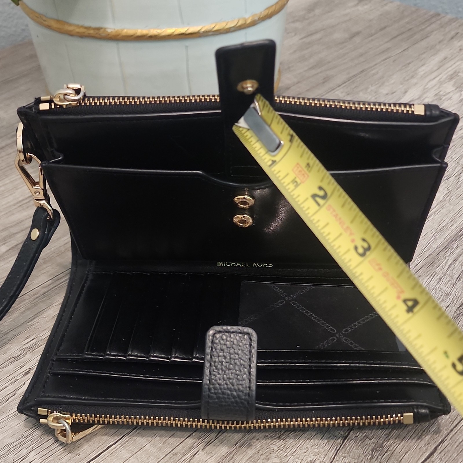 Michael Kors Black Wristlet Wallet Gold Hardware Multiple Card Slots Logo